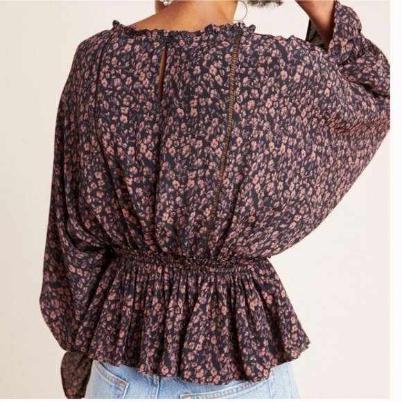 Anthropologie Nichola Peplum Blouse Black Pink Dark Floral Whimsy Boho Fairy - Picture 2 of 12